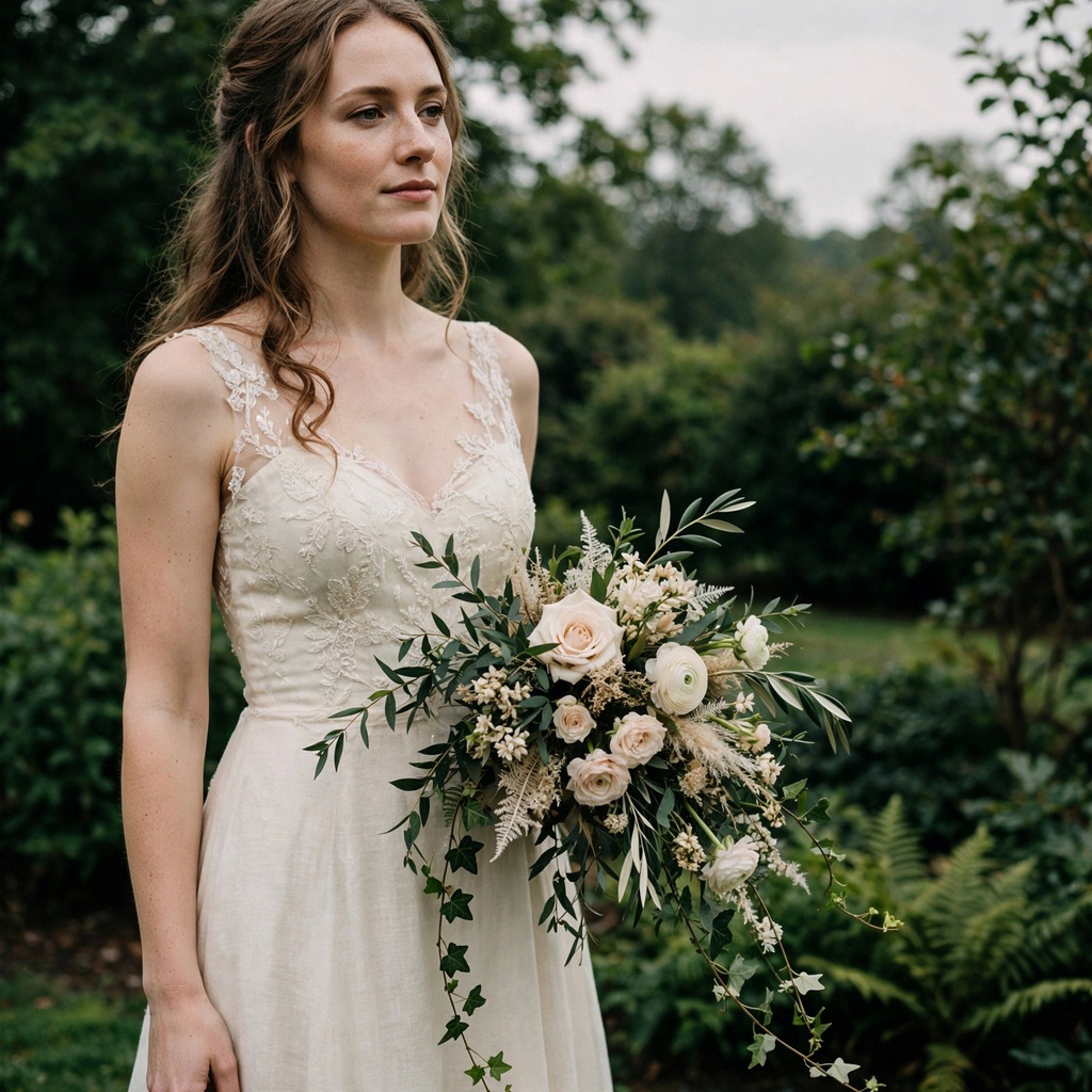 A loose, romantic bridal bouquet in soft seasonal colors