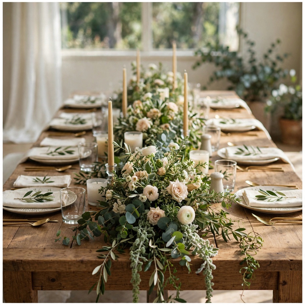 Low, trailing floral arrangements running down a long dinner table