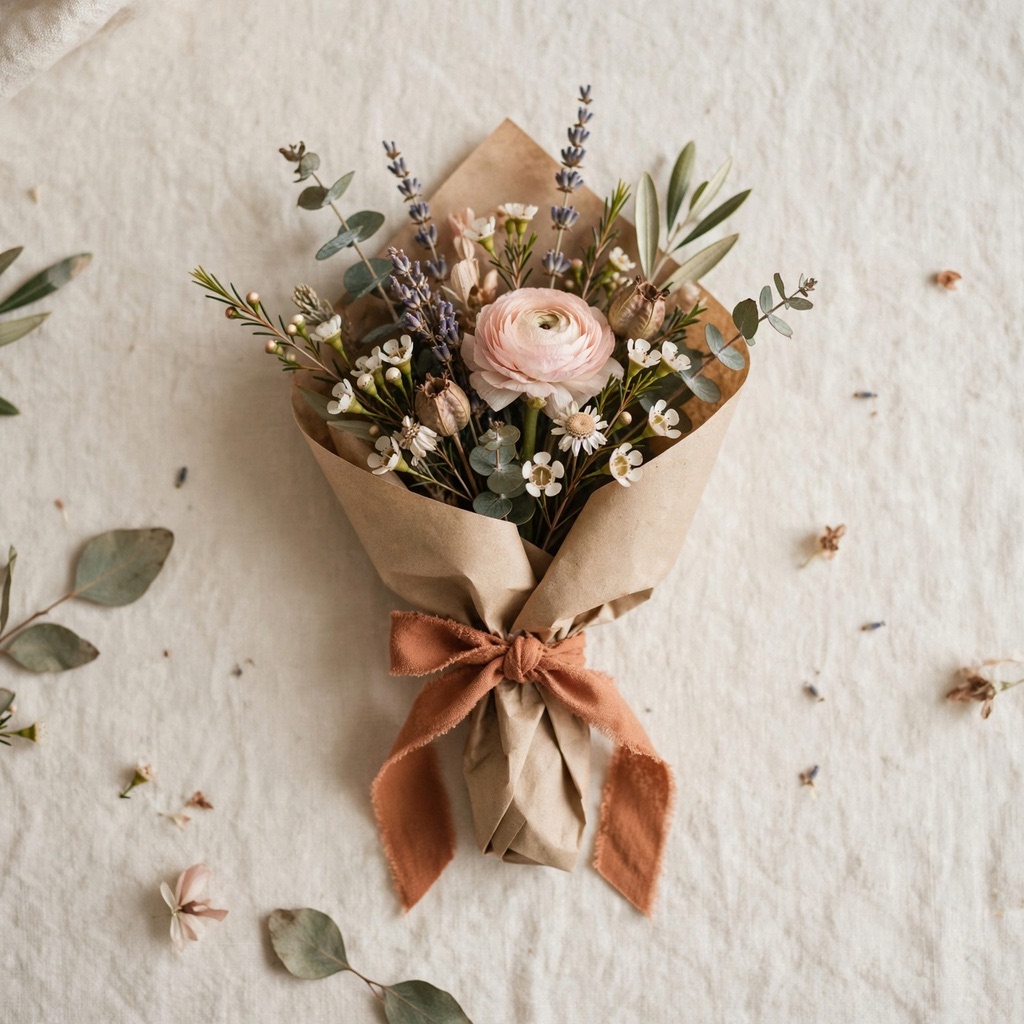 A small hand-tied bunch of seasonal flowers wrapped in kraft paper